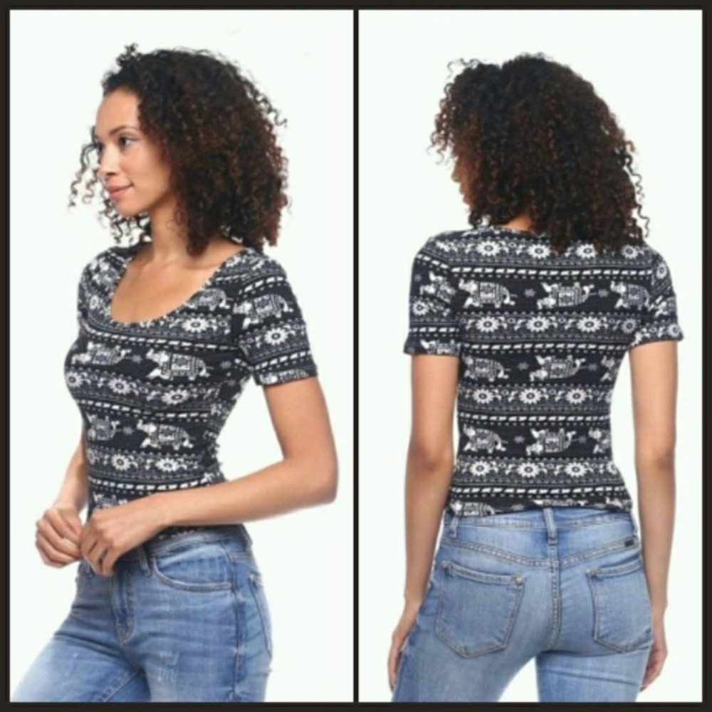 Short Sleeve Aztec Elephant Print Top
